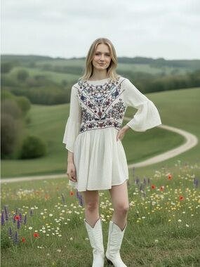 Embroidered Cream Boho Ruffle Flutter-Sleeve Mini Dress/Tunic Country Chic Sz M